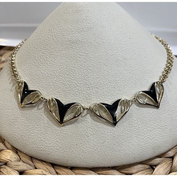 VTG Chunky Black & Gold Tone Heart Choker Necklace 16" WhimsiGoth Dark Fairy - Picture 1 of 6